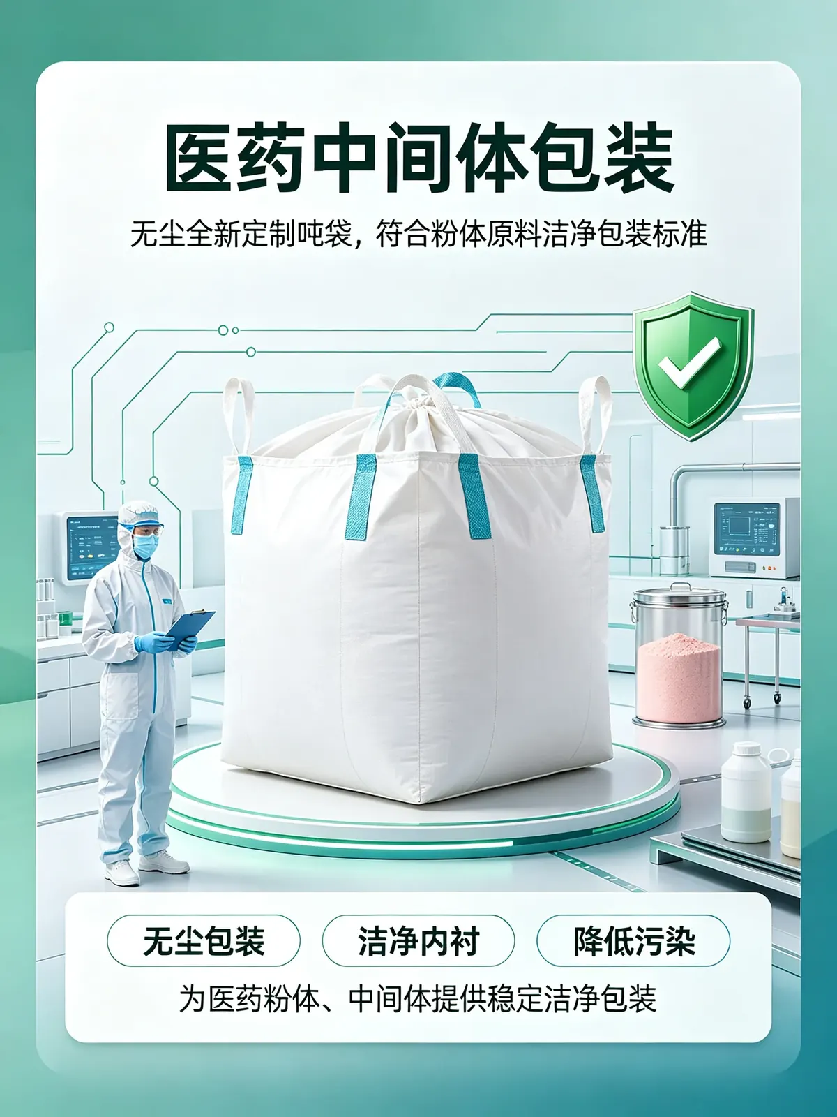 Dust free lined FIBC for pharmaceutical intermediate powder